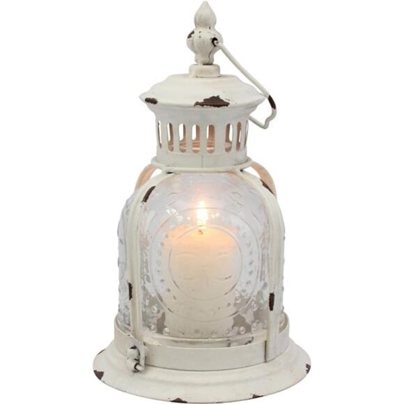 Stonebriar Antique Worn White Metal Candle Lantern, Use As Decoration for - Picture 1 of 7